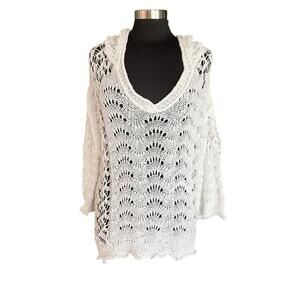 POL White Open Weave Crochet Hooded Sweater Sz LG Beachy Breezy Vacation Cruise